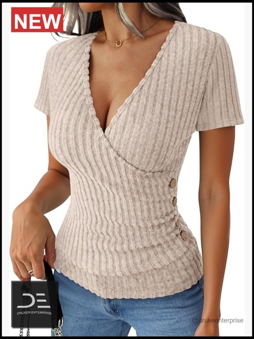 Ribbed Knit Short Sleeve V-Neck Slim Fit T-Shirt